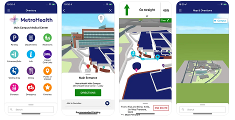 Four screenshots of MetroHealth wayfinding app