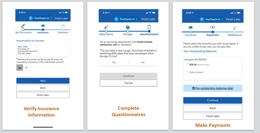 Three cell phone screen examples of how to use eCheck-In
