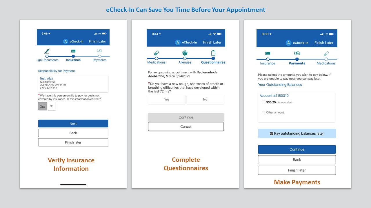 Three cell phone screen examples of how to use eCheck-In