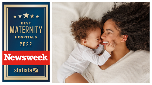 Mother and baby with Newsweek Best Maternity Hospital 2022 Badge