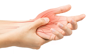 Person holding left hand with internal nerve pain drawing