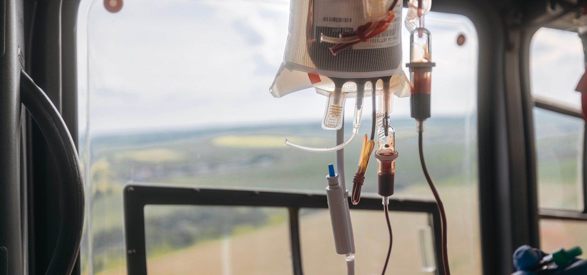 Blood bag hanging in helicopter