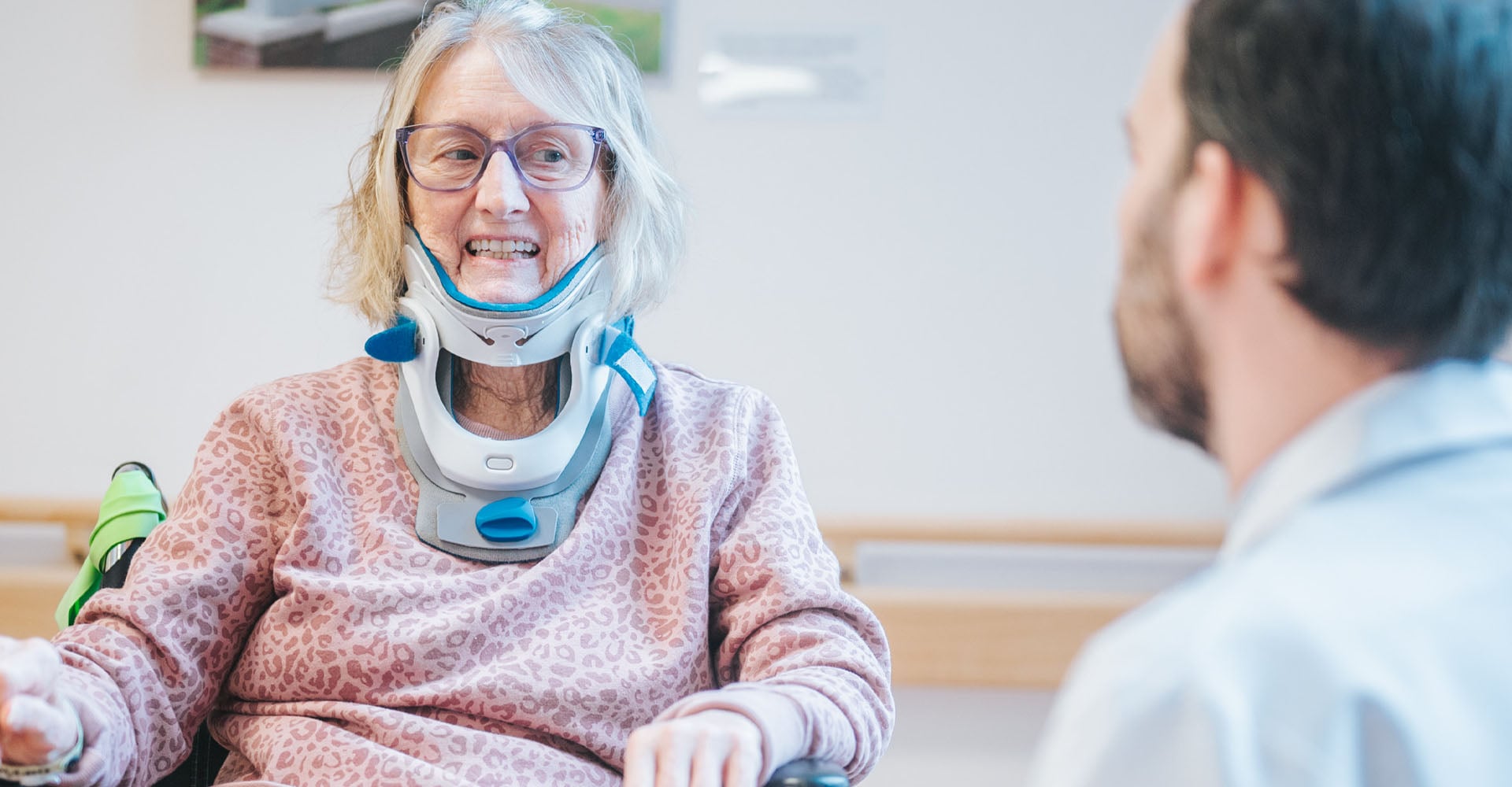 Woman in neck brace