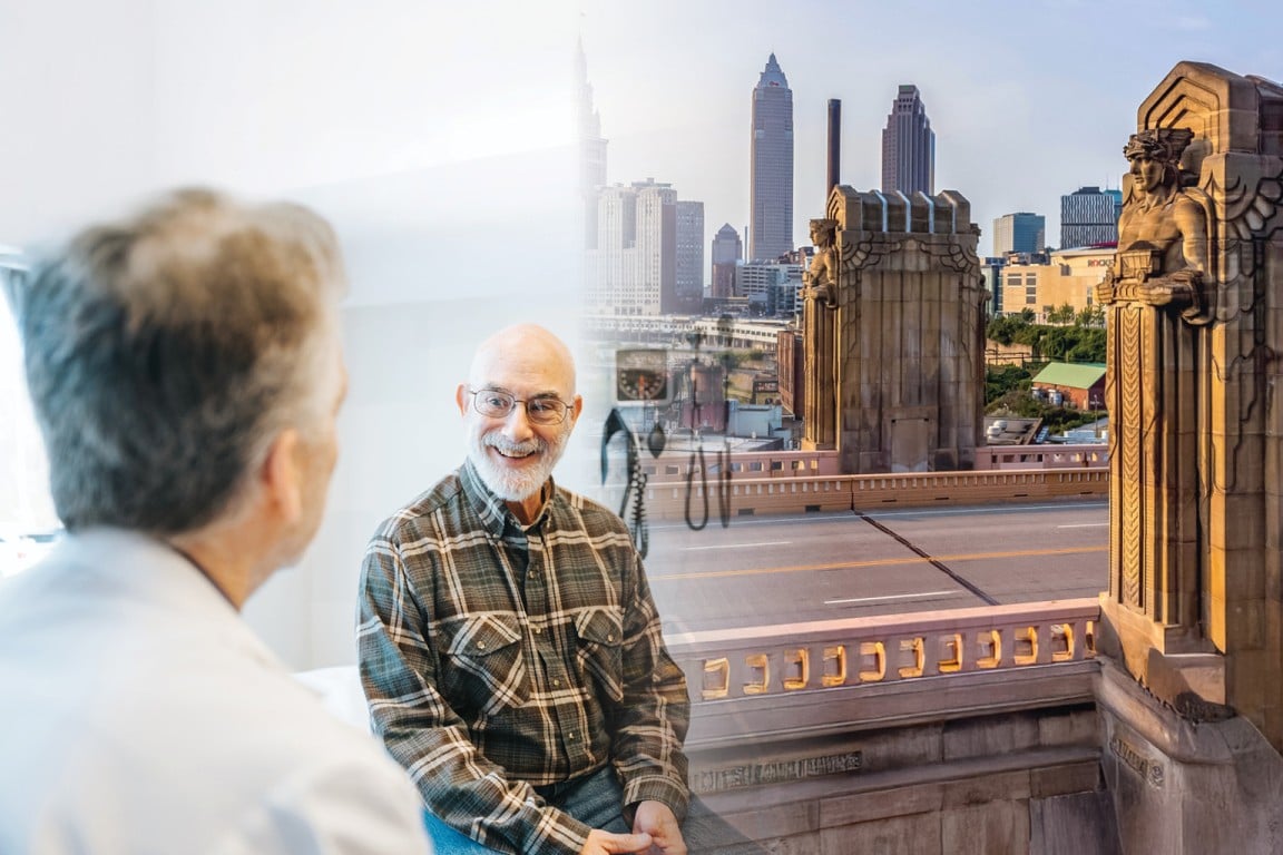 Composite image with half being a patient talking with his provider and half being the Hope Memorial Bridge Guardians