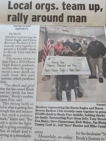 Newpaper story about Brody receiving support from the Huron Eagles and Huron Browns Backers Club