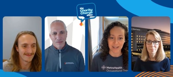 Screen from the Charity Charge Show showing host and guests