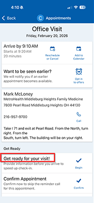Contactless Arrival screenshot from MyChart app