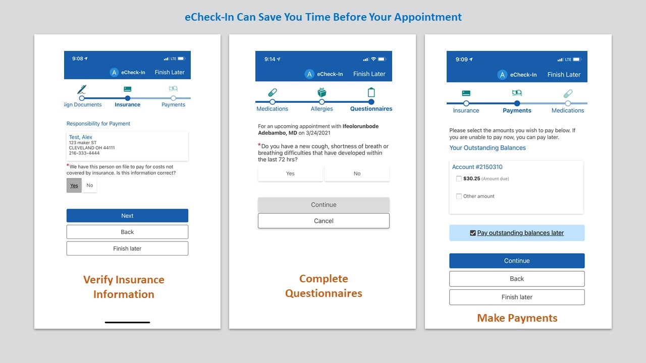 Screen Grabs of e-Check In Steps on MyChart App