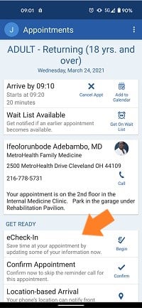 Screen grab of e-Check on MyChart App