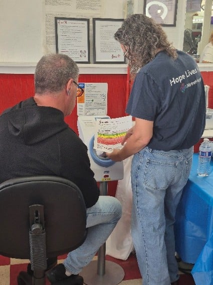 A MetroHealth provider showing blood pressure information to a participant