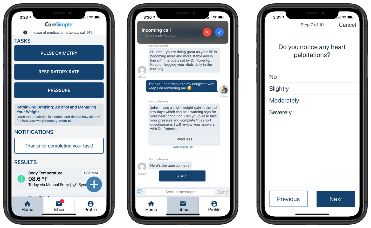 view of 3 phone screens demonstrating CareSimple app
